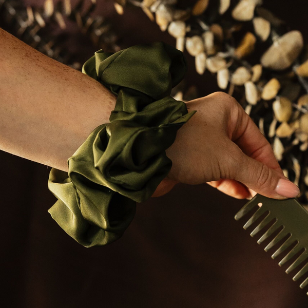 ARETÉ Green Satin Scrunchie